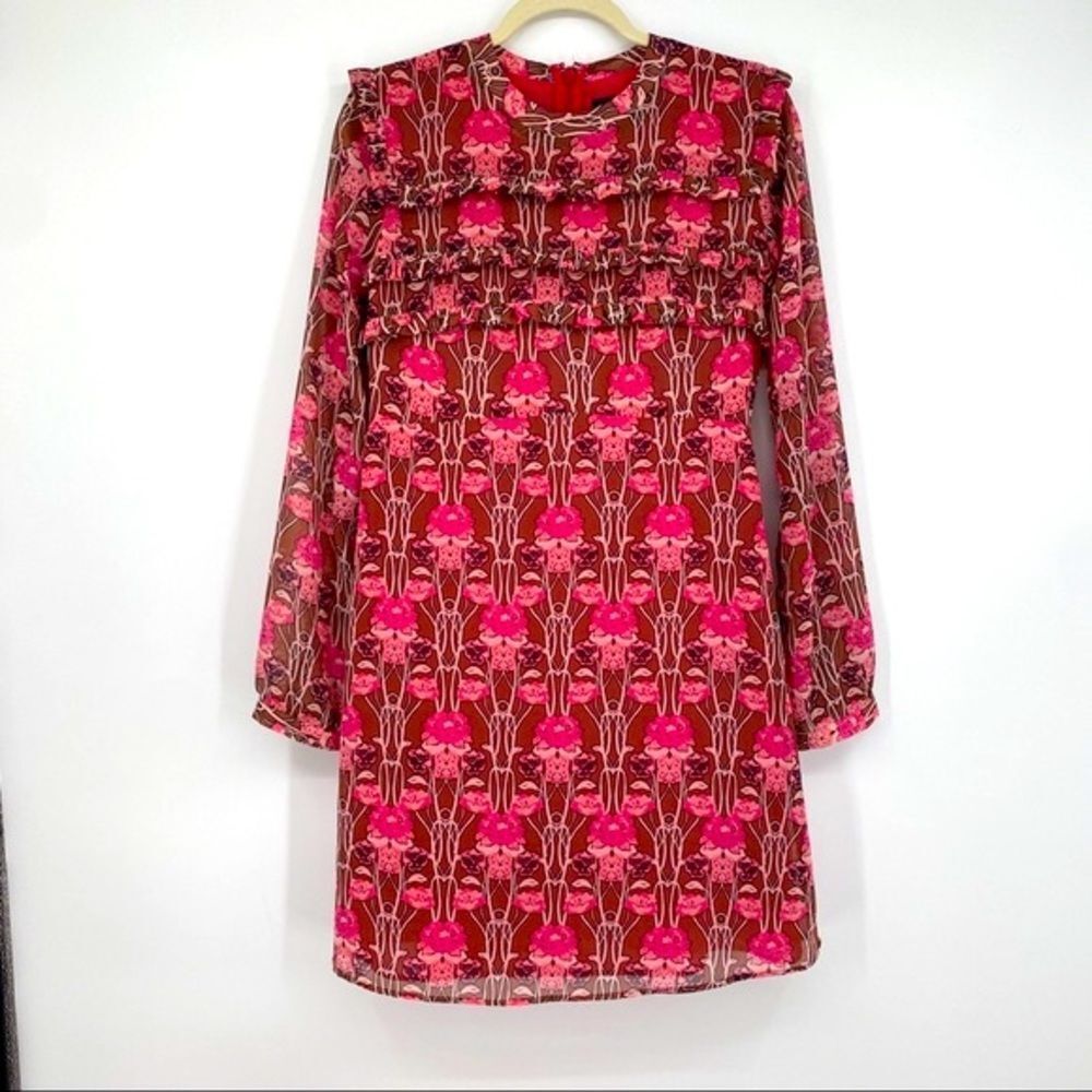 Top Shop pink brown ruffle dress long sleeve floral print vintage retro style 8